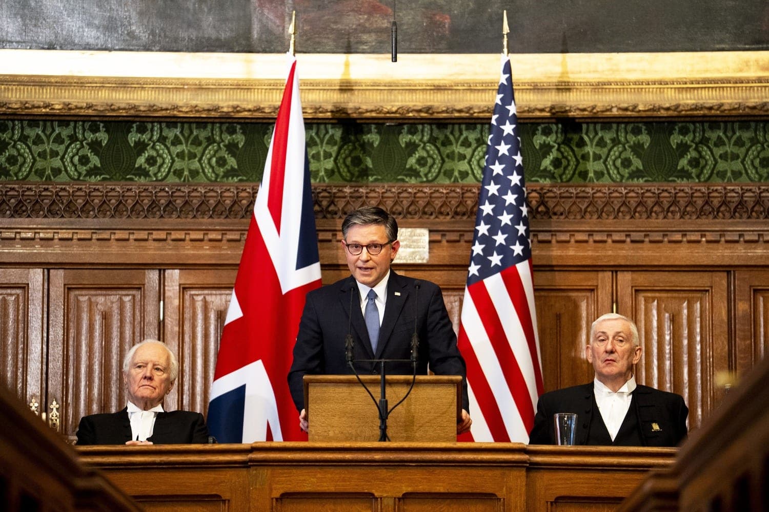 Speaker Johnson addresses U.K. Parliament, vowing to calm Trump tensions