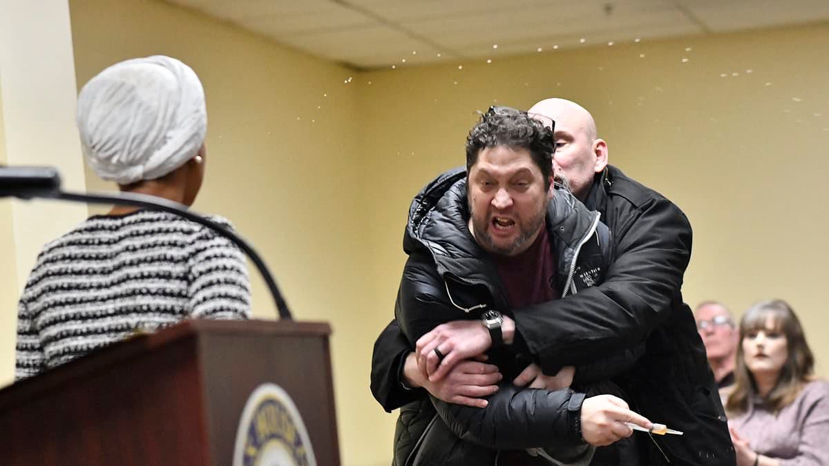 Ilhan Omar attacked by liquid-spraying maniac after calling for Noem to resign during Minnesota town hall