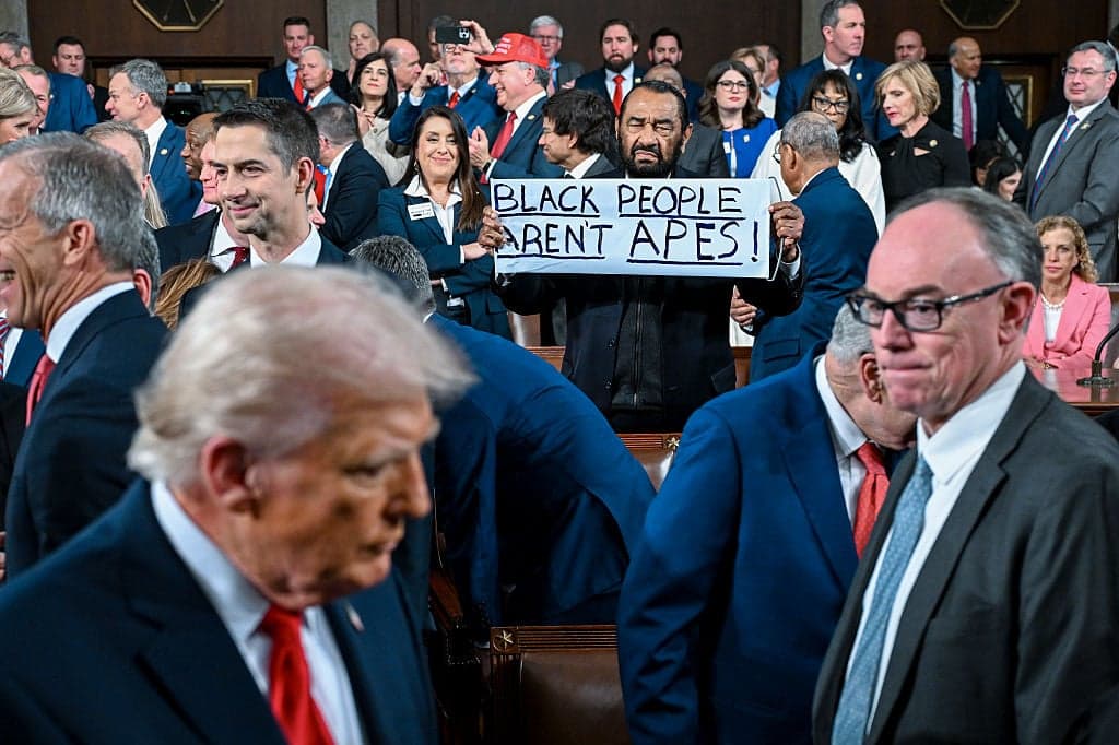Rep. Al Green holds up sign reading 'Black People Aren't Apes' at Trump's State of the Union