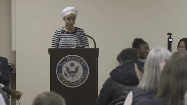 Man sprays Ilhan Omar with unknown substance during Minneapolis town hall