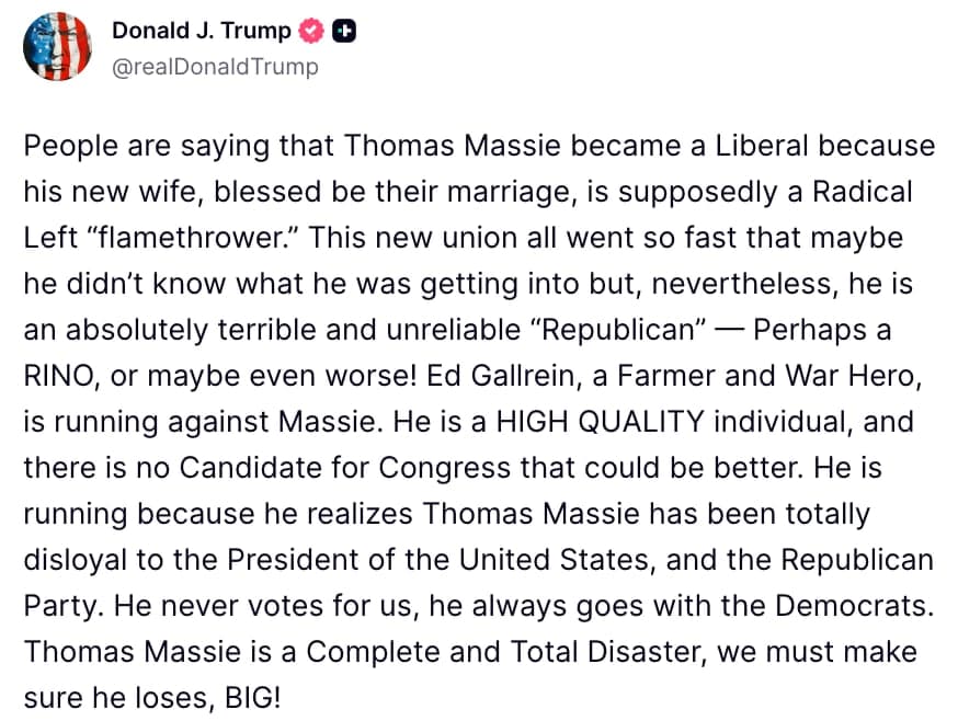 Trump Blames Republican's U-Turn on His MAGA-Voting Wife