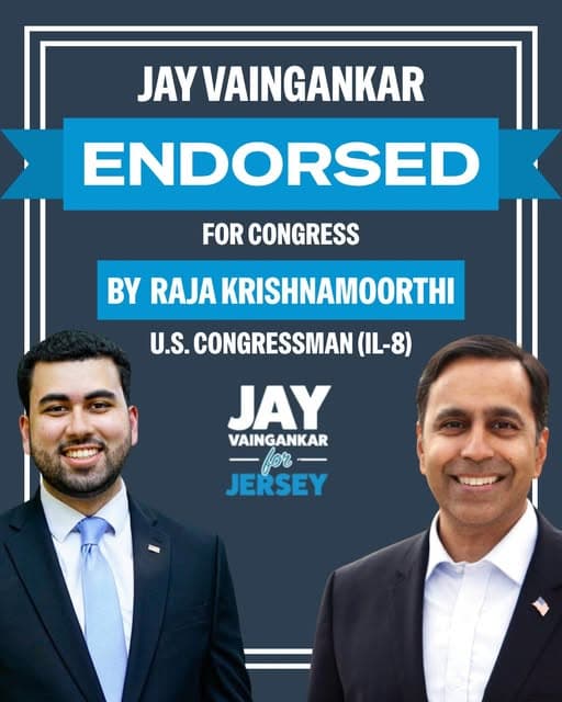 Senior House Democrat Raja Krishnamoorthi Backs Gen-Z Leader Jay Vaingankar In Race For Congress