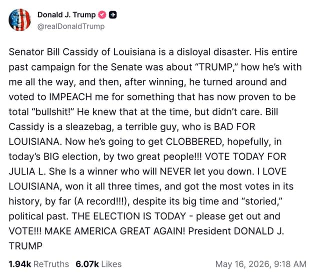 Trump Blasts 'Disloyal' Senator Who Voted To Impeach Him, Urges Votes For Challenger On Morning Of GOP Primary