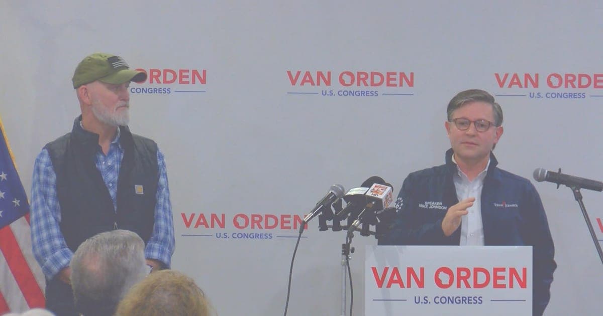 Speaker of the House Mike Johnson campaigning with Representative Derrick Van Orden in Sparta