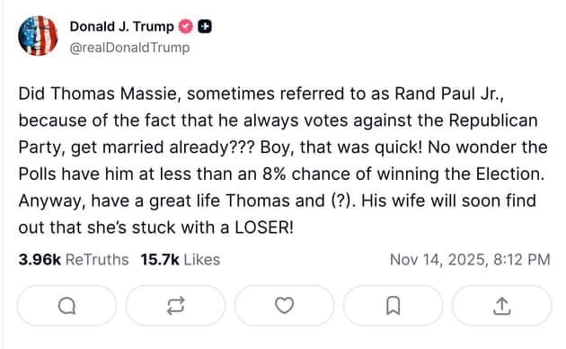 Republicans Chastise Trump For Attacking Thomas Massie's Remarriage