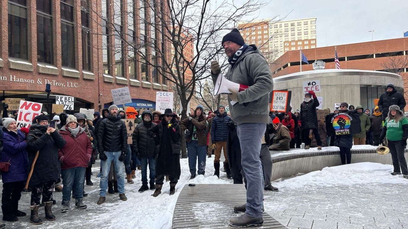 Platner hosts anti-ICE protest outside of Sen. Collins' office